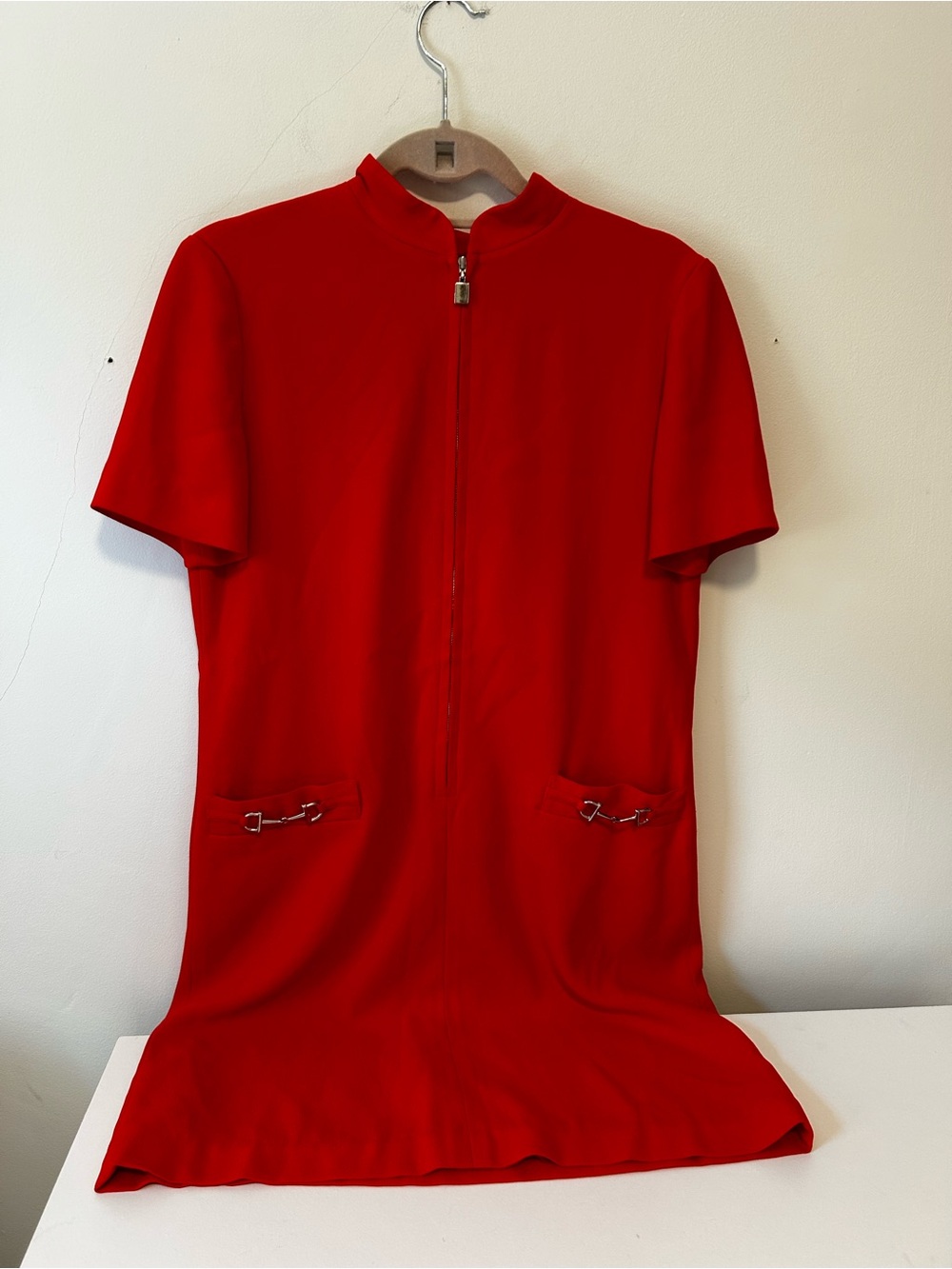 Liz Claiborne Vibrant Red Midi Dress with Front Zip and Pocket Details